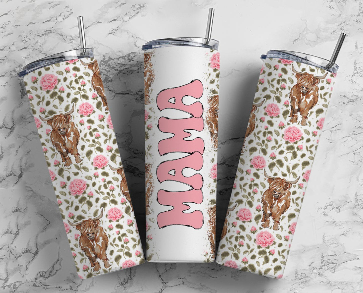 Highland Cow Mama with pink flowers*with or without names*
