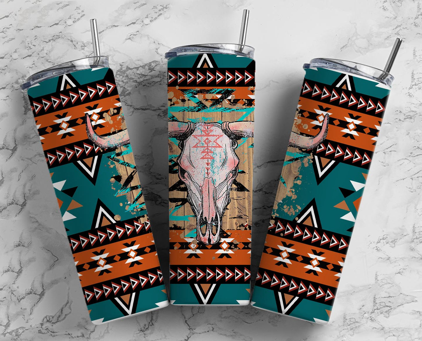 Cow Skull Teal Aztec