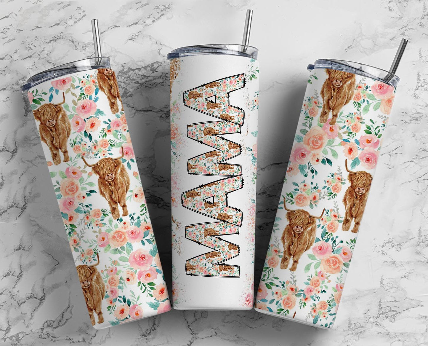 Highland Cow Mama with pink flowers 2 *with or without names*
