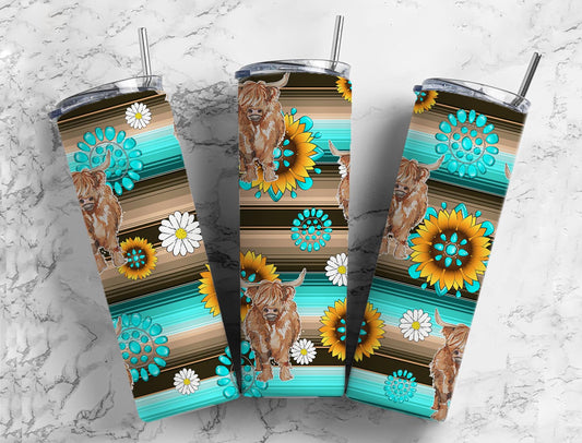 Highland Cows with Turquoise and Sunflower