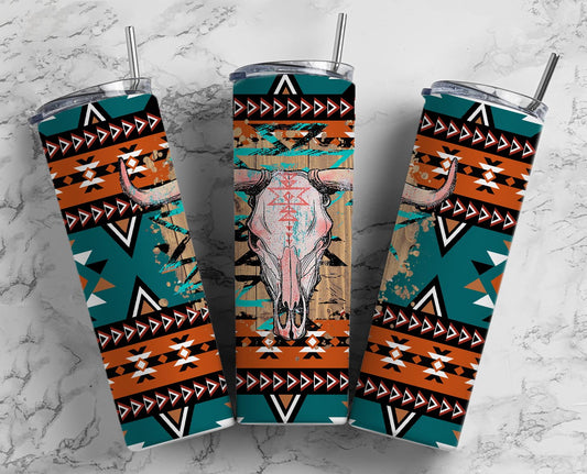 Cow Skull Teal Aztec